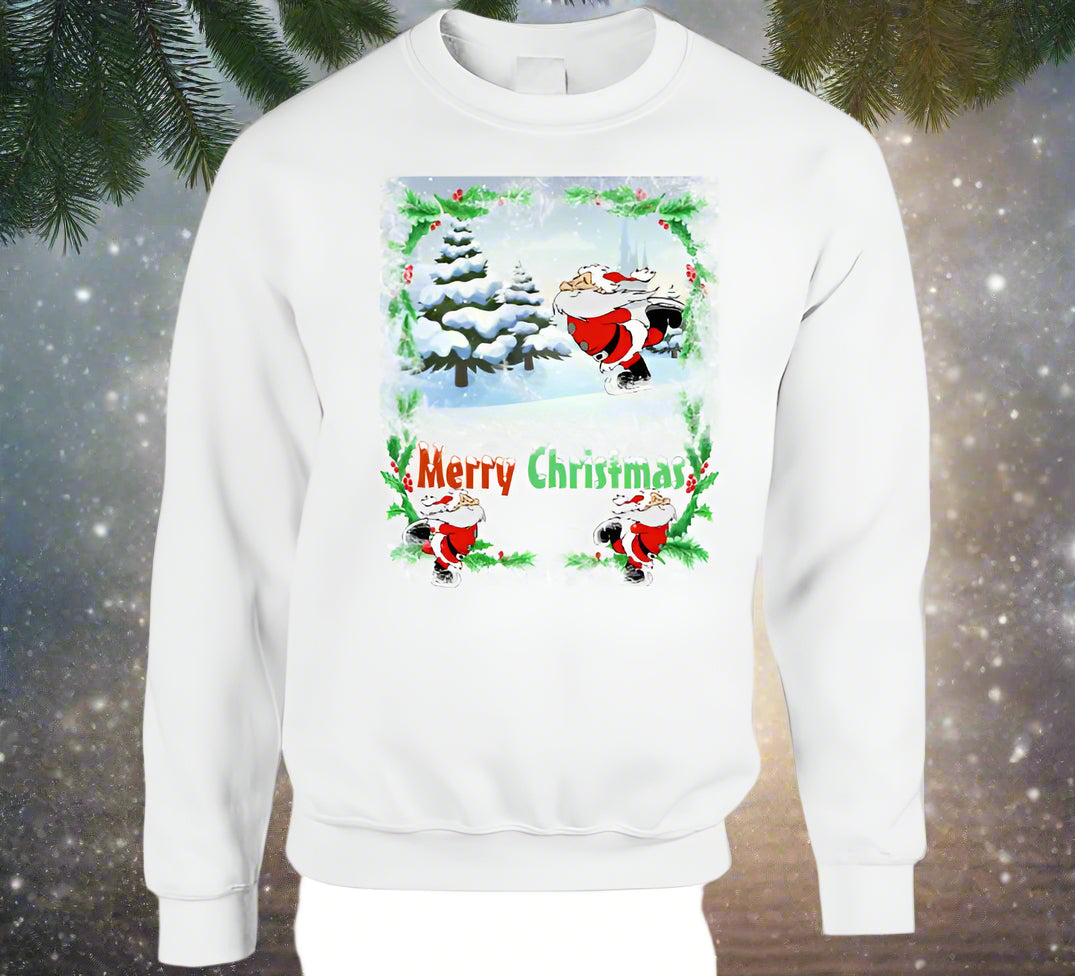 Merry Christmas Skating Santa T-Shirt and Sweatshirt collection - Smiling Wombat