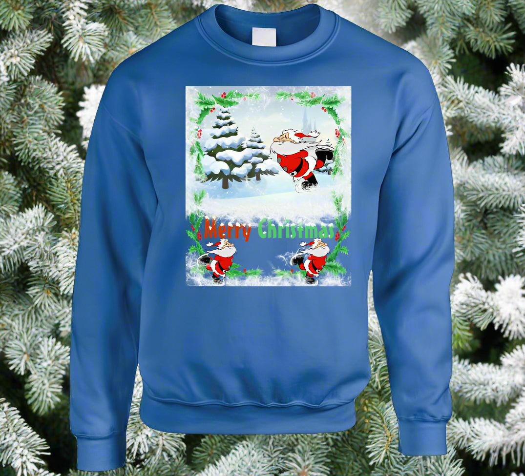 Merry Christmas Skating Santa T-Shirt and Sweatshirt collection - Smiling Wombat