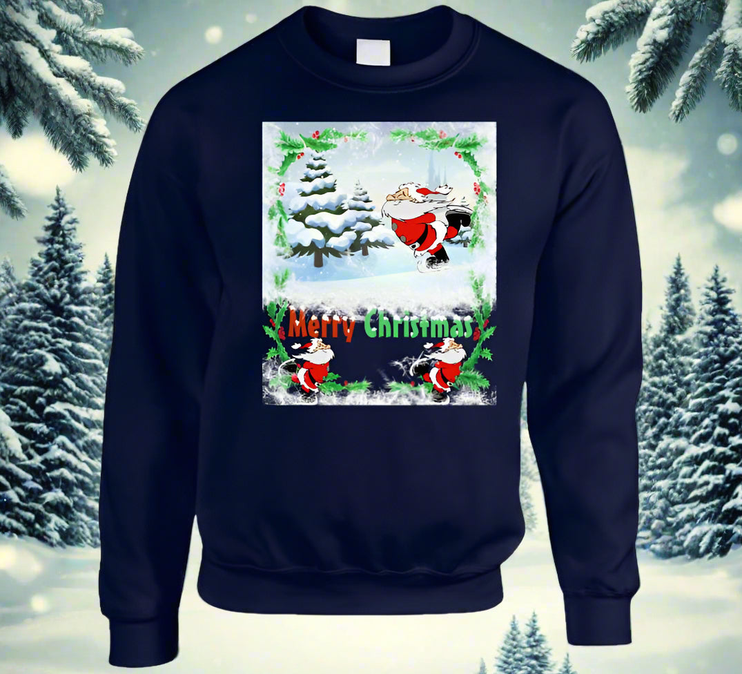 Merry Christmas Skating Santa T-Shirt and Sweatshirt collection - Smiling Wombat