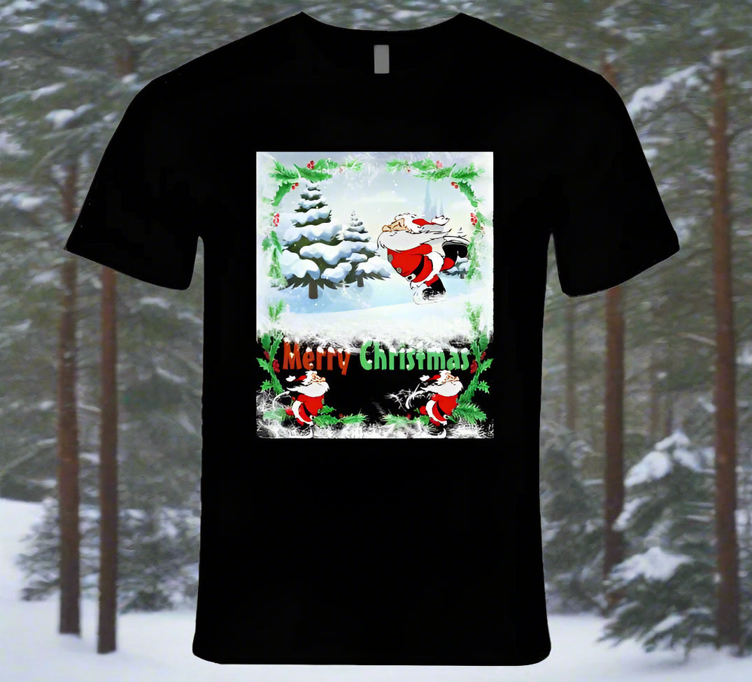 Merry Christmas Skating Santa T-Shirt and Sweatshirt collection - Smiling Wombat