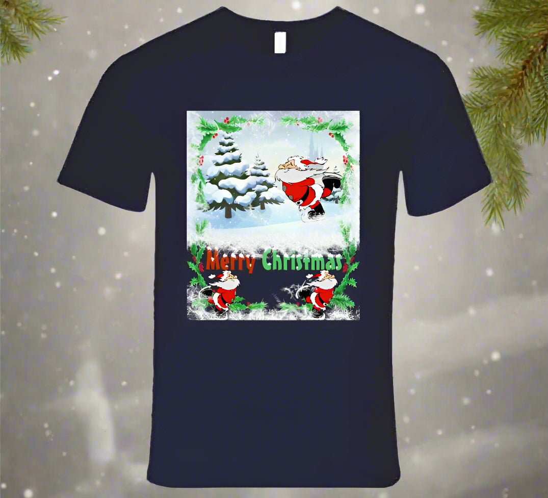 Merry Christmas Skating Santa T-Shirt and Sweatshirt collection - Smiling Wombat