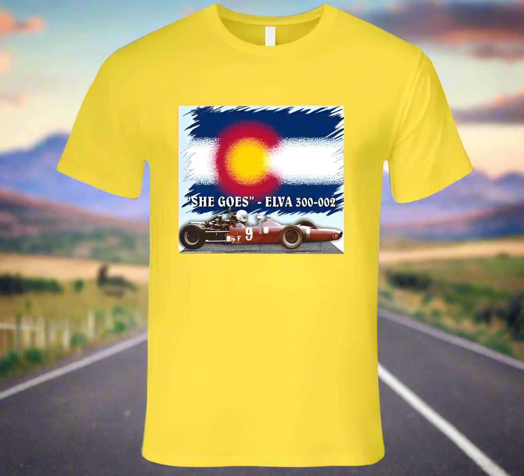 Elva 300-002 Famous Formula Car - "She Goes" T-Shirt Collection - Smiling Wombat