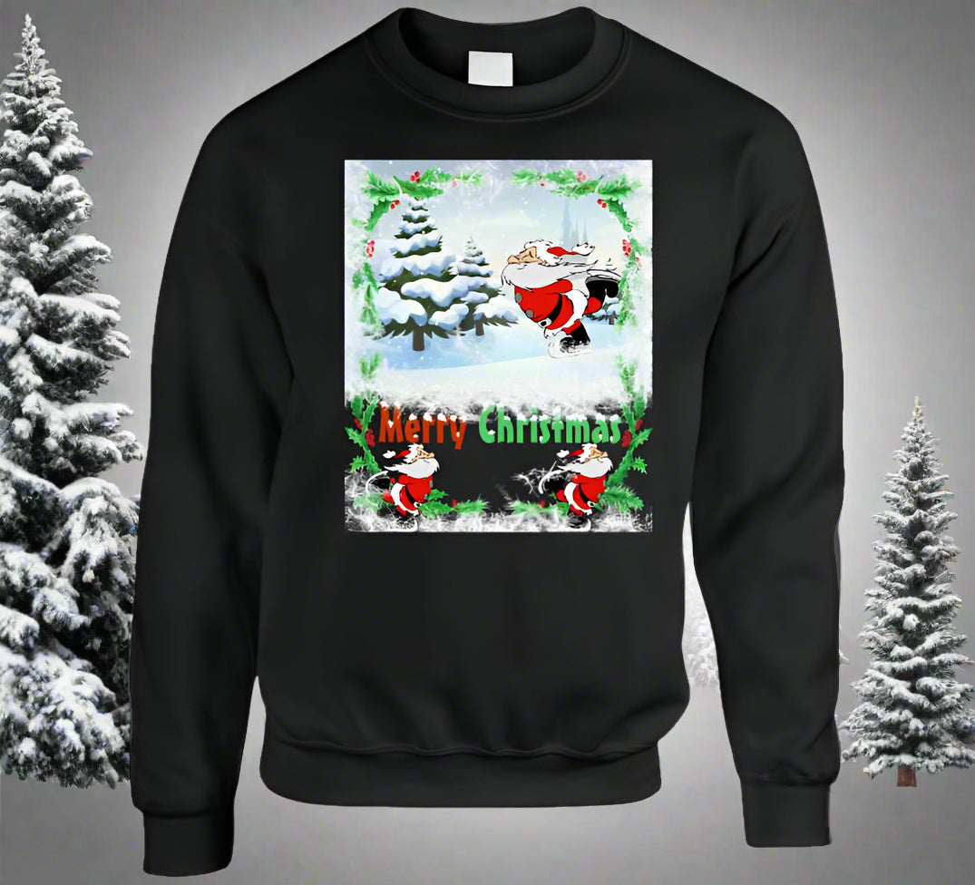 Merry Christmas Skating Santa T-Shirt and Sweatshirt collection - Smiling Wombat