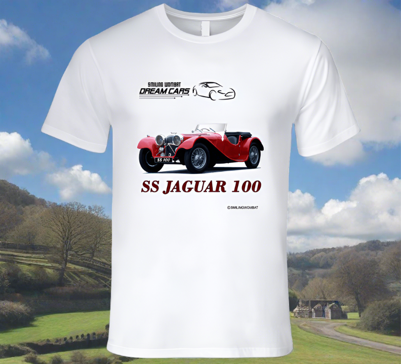 Classic Car Jaguar 100 - Classic White T-Shirt Collection - Smiling Wombat