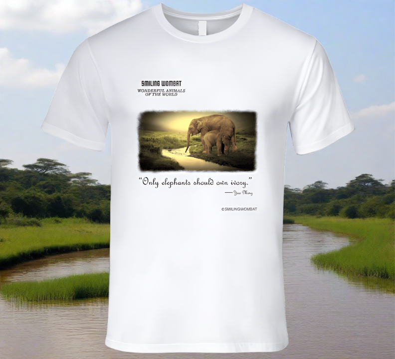 A Female Elephant Mom and Baby enjoying a drink - Classic White Shirt Collection - Smiling Wombat