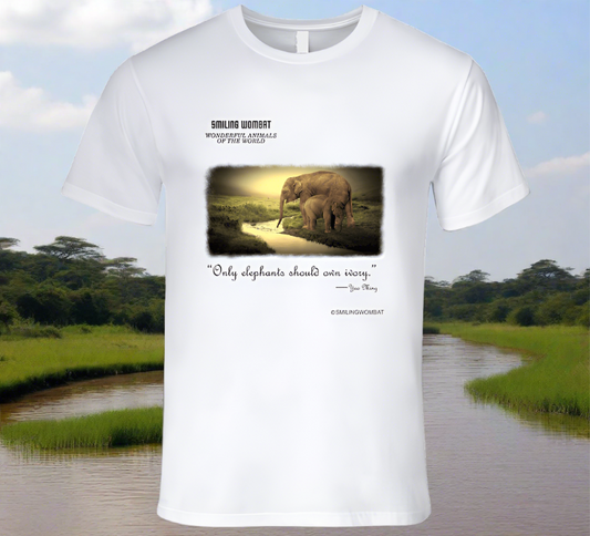 A Female Elephant Mom and Baby enjoying a drink - Classic White Shirt Collection - Smiling Wombat