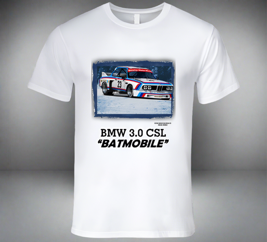 BMW 3.0 CSL - The Famous "Batmobile" - Classic White T-Shirt Collection - Smiling Wombat