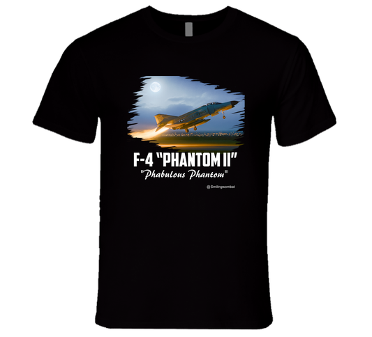 Black t-shirt with F-4 Phantom II graphic and text on a white background