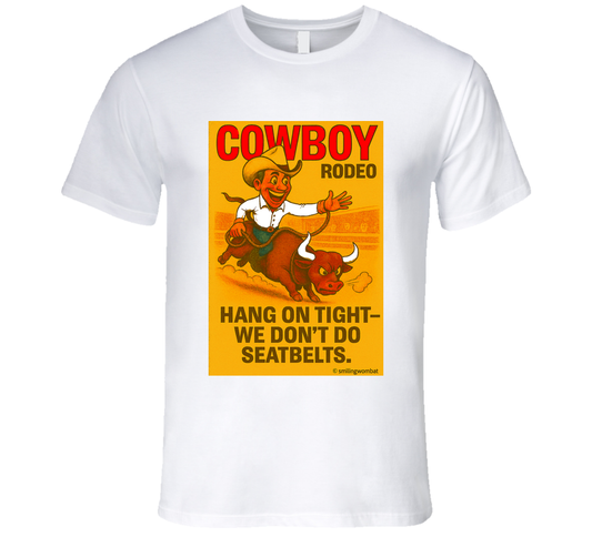 "Funny cowboy rodeo T-shirt – cartoon bull rider graphic by Smiling Wombat"