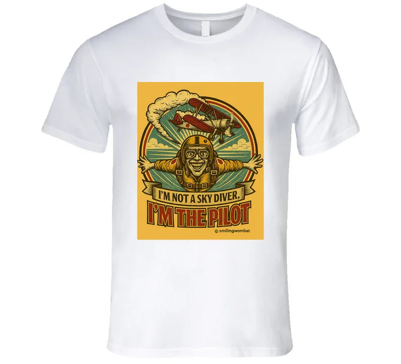 Smiling Wombat 'I'm the Pilot' vintage short sleeve t-shirt – retro aviator biplane design