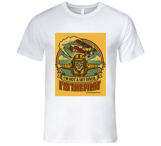 Smiling Wombat 'I'm the Pilot' vintage short sleeve t-shirt – retro aviator biplane design