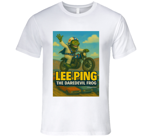 Lee Ping Daredevil Frog T-shirt – cartoon frog jumping motorcycle over cars