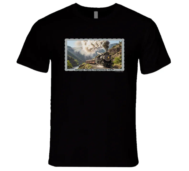 Vintage steam train T-shirt with mountain landscape and maroon passenger cars