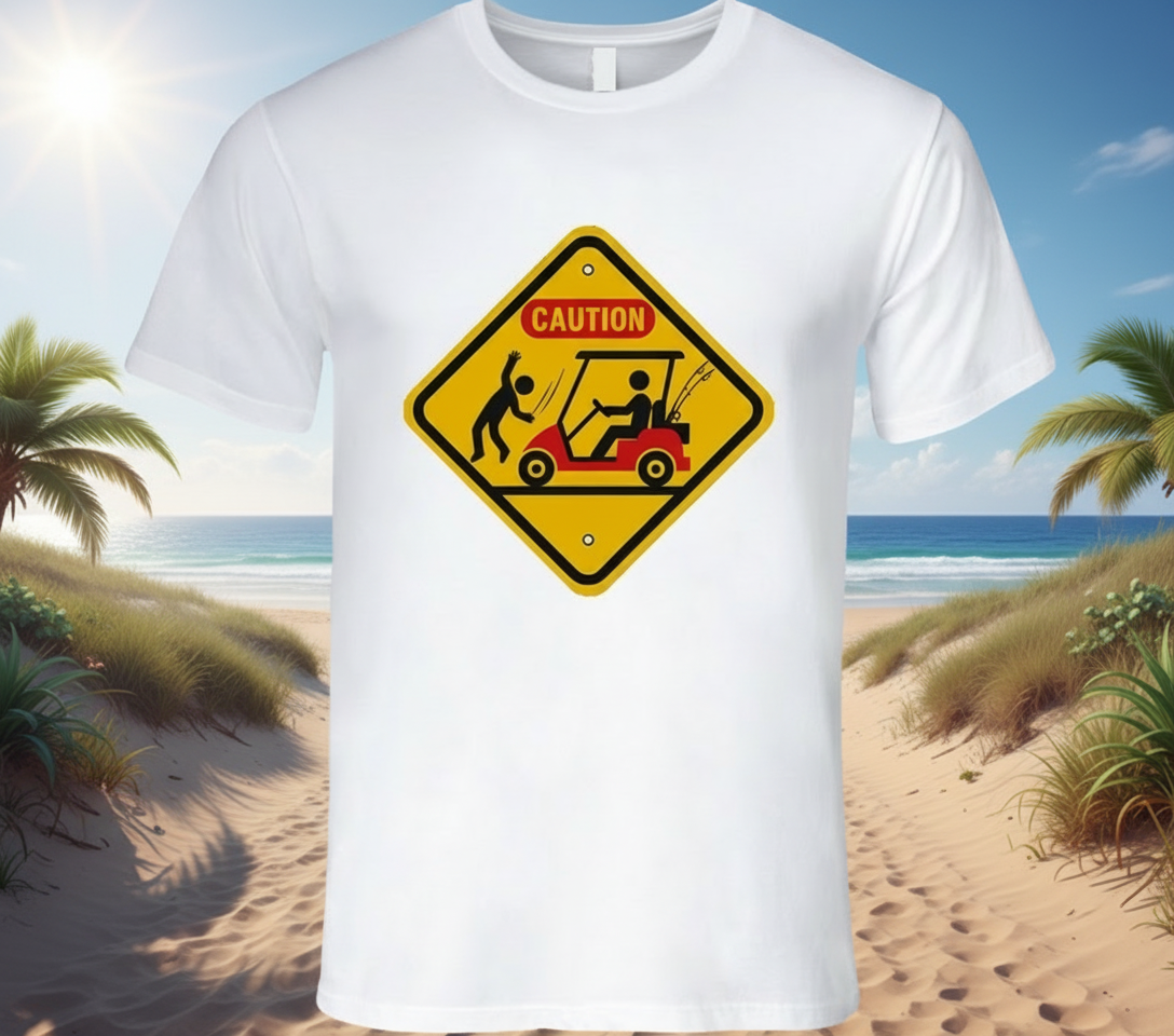 “Golf cart collision caution sign T-shirt”

