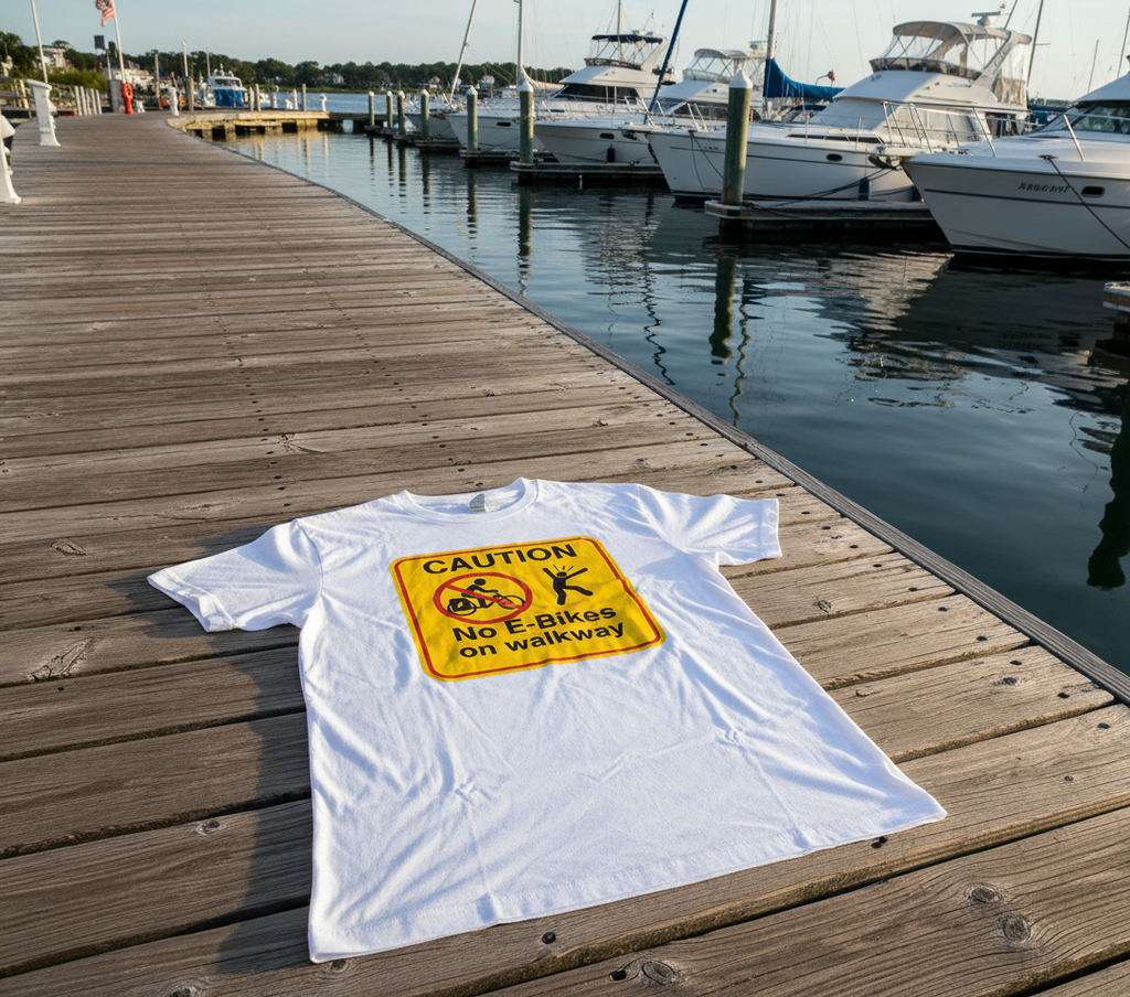  “No E-Bikes on walkway caution sign T-shirt”
