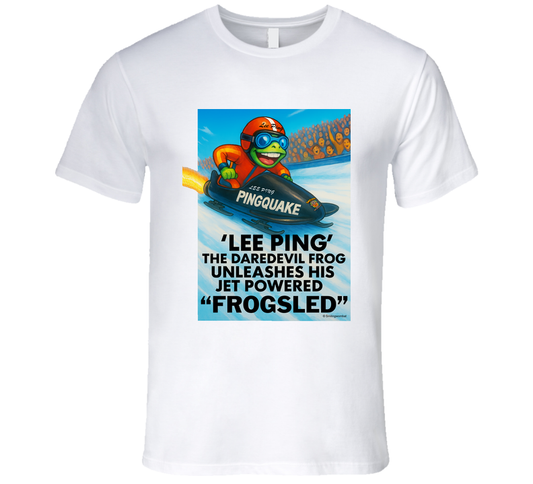White t-shirt with a graphic of a frog on a jet-powered sled and text on a white background