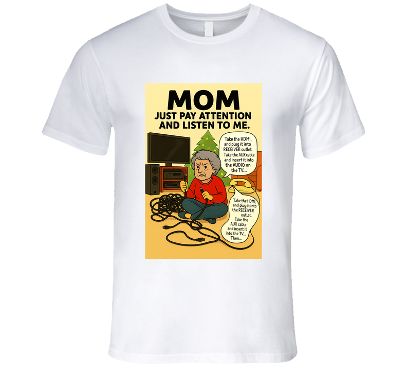 “Funny Christmas tech fail T-shirt with frustrated mom and tangled cords – Smiling Wombat”