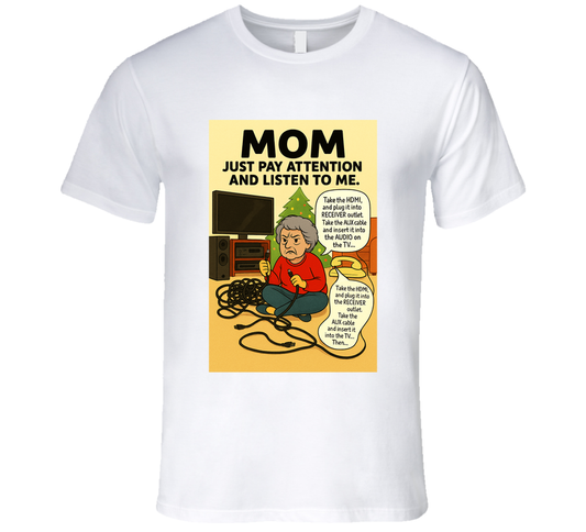 “Funny Christmas tech fail T-shirt with frustrated mom and tangled cords – Smiling Wombat”