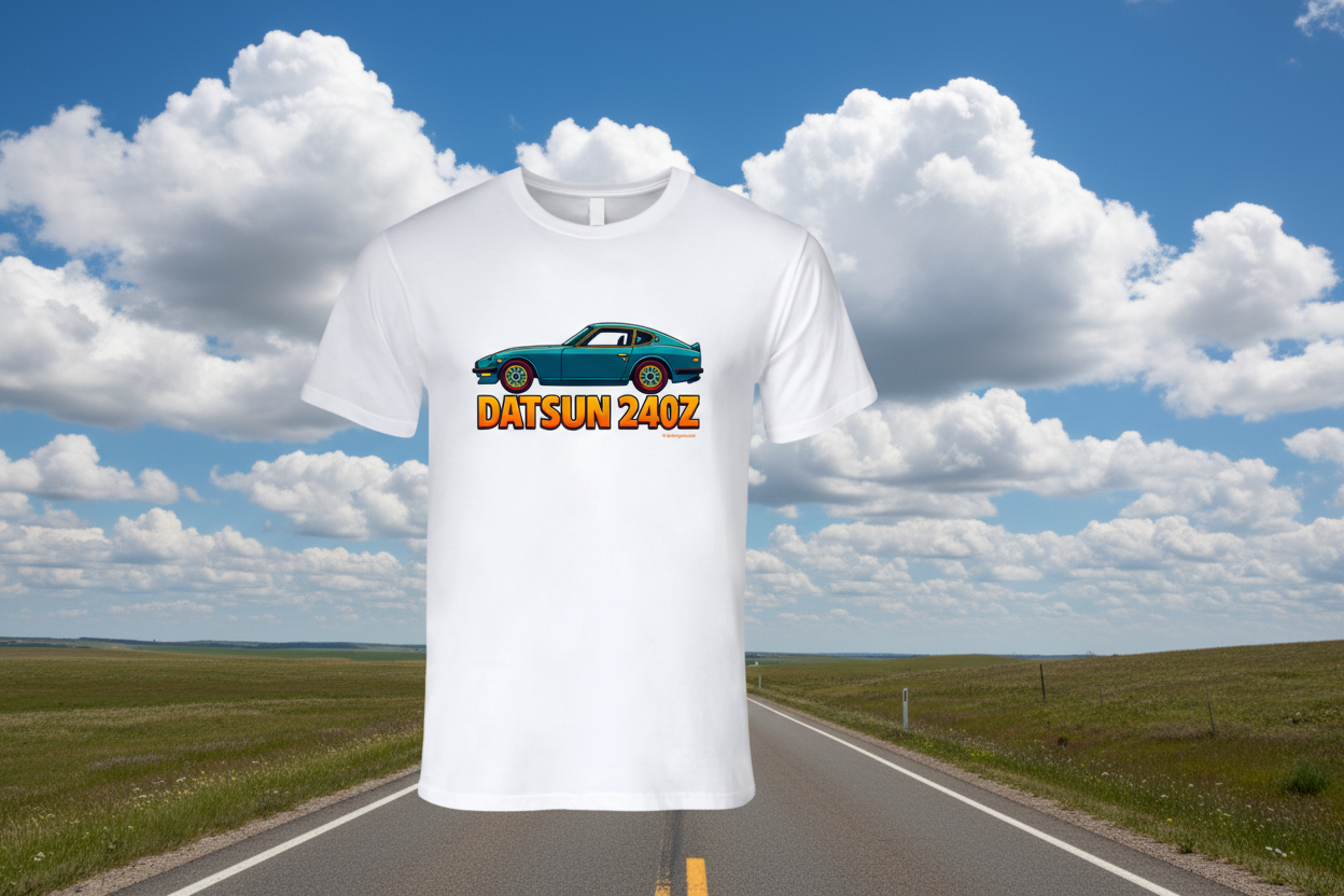 - T-Shirt: Datsun 240Z graphic tee with retro car illustration and bold typography
