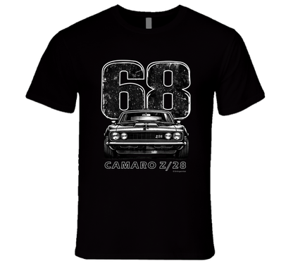 "1968 Camaro Z/28 graphic t-shirt with vintage muscle car design"