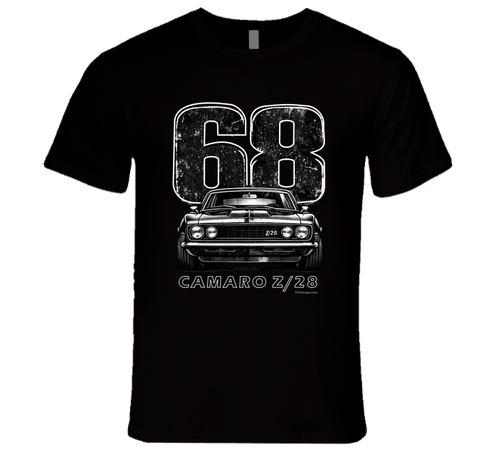 "1968 Camaro Z/28 graphic t-shirt with vintage muscle car design"