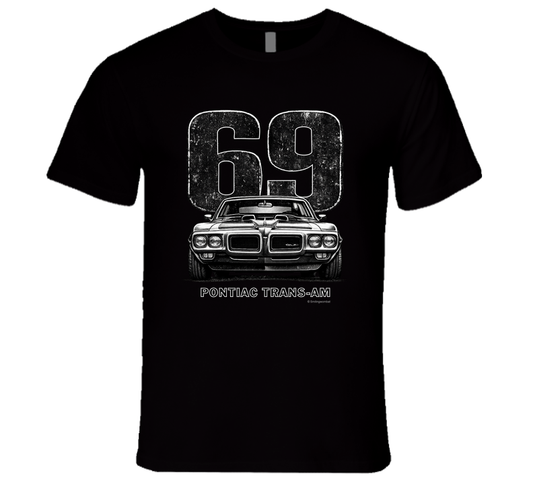 "1969 Pontiac Trans-Am vintage car graphic t-shirt with distressed 69 number print"