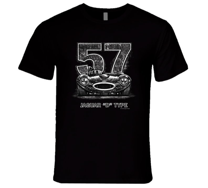 1957 Jaguar D-Type vintage racing car t-shirt with distressed number 57 design on  tee"