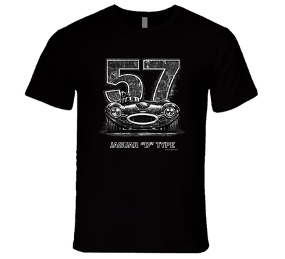 1957 Jaguar D-Type vintage racing car t-shirt with distressed number 57 design on  tee"