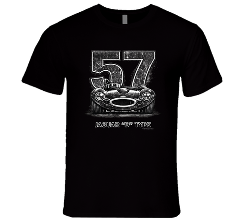 1957 Jaguar D-Type vintage racing car t-shirt with distressed number 57 design on  tee"