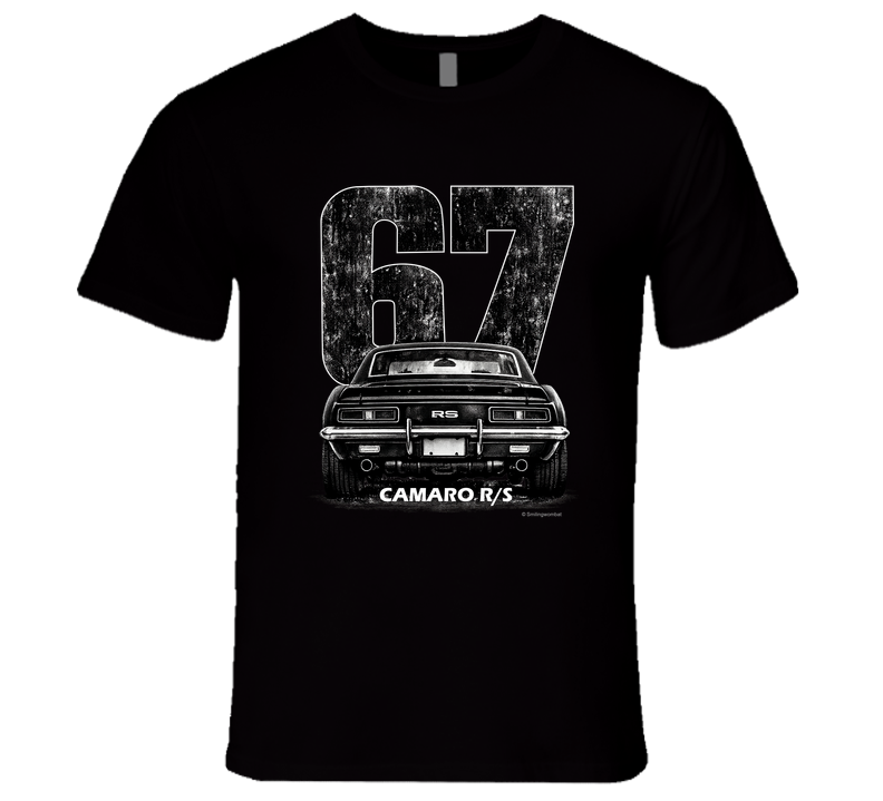 "1967 Camaro RS vintage t-shirt with distressed rear view graphic and retro number 67 design"