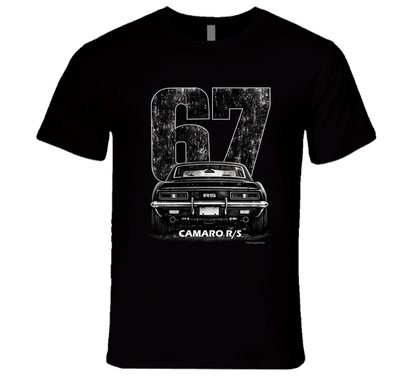 "1967 Camaro RS vintage t-shirt with distressed rear view graphic and retro number 67 design"