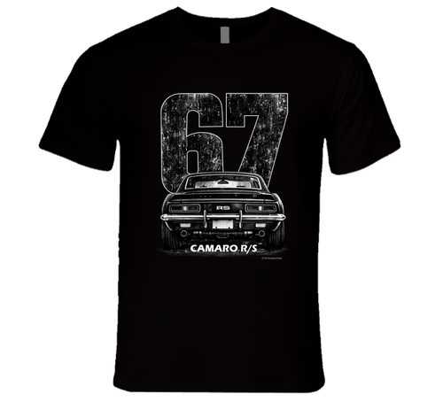 "1967 Camaro RS vintage t-shirt with distressed rear view graphic and retro number 67 design"