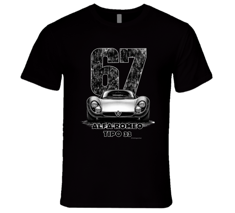 "Vintage 1967 Alfa Romeo Tipo 33 race car t-shirt with distressed number 67 graphic on white"