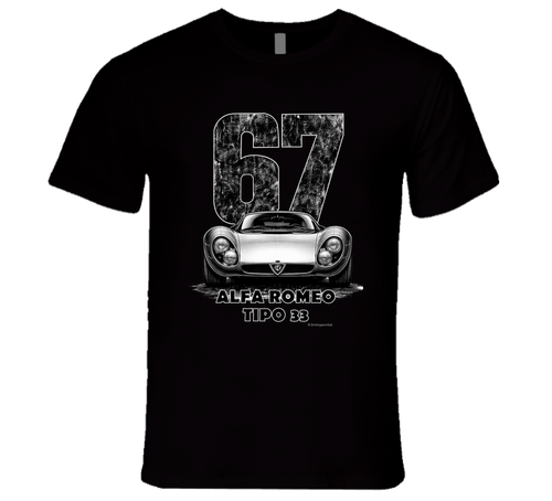 "Vintage 1967 Alfa Romeo Tipo 33 race car t-shirt with distressed number 67 graphic on white"