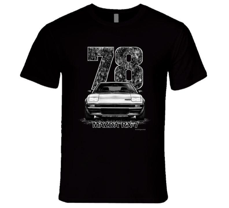 t-shirt featuring 1978 Mazda RX-7 vintage car graphic with distressed black numbers and retro automotive design for JDM enthusiasts