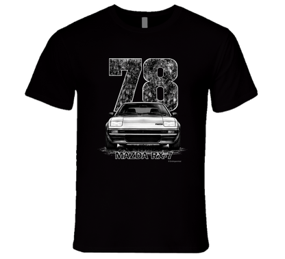 t-shirt featuring 1978 Mazda RX-7 vintage car graphic with distressed black numbers and retro automotive design for JDM enthusiasts
