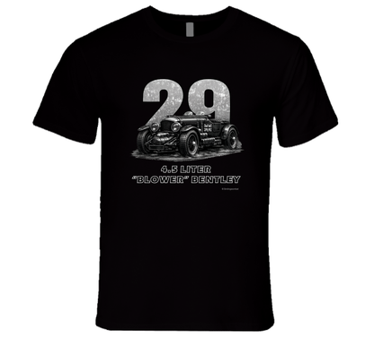 "1929 Blower Bentley vintage racing car t-shirt in black with distressed graphic design"