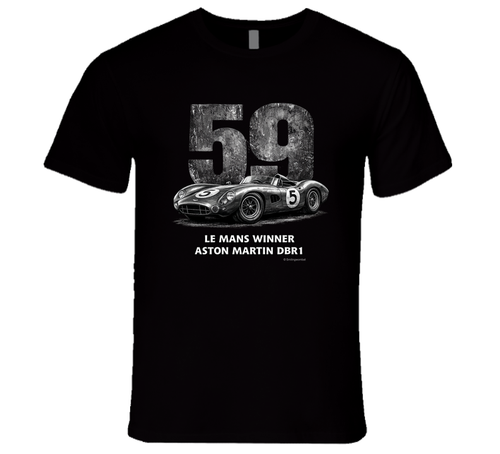 "Retro Aston Martin DBR1 Le Mans racing t-shirt in black featuring vintage distressed design"