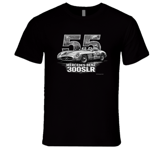 "1955 Mercedes-Benz 300 SLR Mille Miglia vintage racing t-shirt in black with distressed graphic"