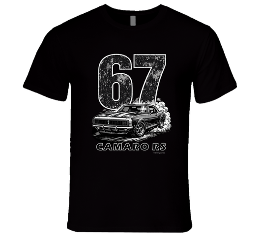 "1967 Camaro RS vintage black t-shirt with distressed graphics - retro muscle car tee"