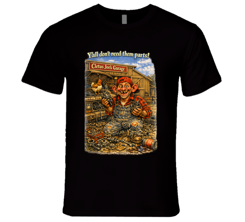 Cletus Joe's Garage funny mechanic graphic t-shirt in black – Smiling Wombat