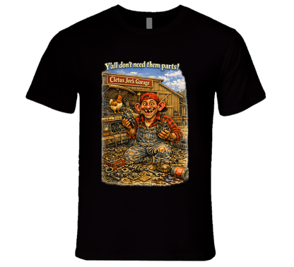 Cletus Joe's Garage funny mechanic graphic t-shirt in black – Smiling Wombat