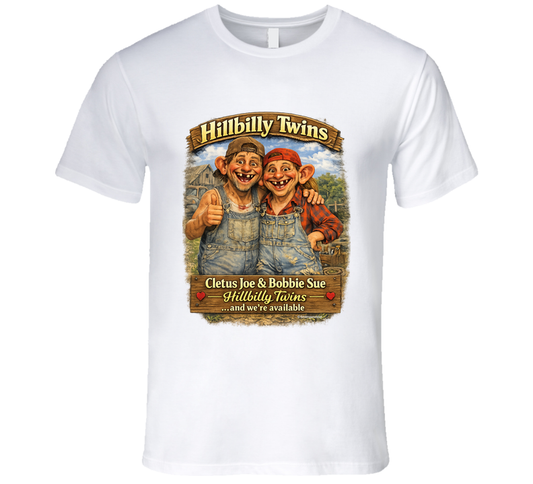 Hillbilly Twins Cletus Joe Bobbie Sue funny country graphic t-shirt in white