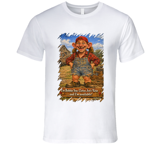 Bobbie Sue Hillbilly Graphic T-Shirt in White – Smiling Wombat Cletus Joe Design