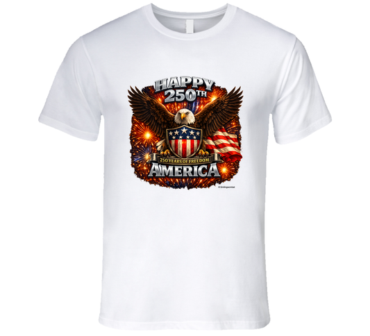 USA 250th Birthday White T-Shirt with patriotic bald eagle and fireworks design — America 250 Years of Freedom