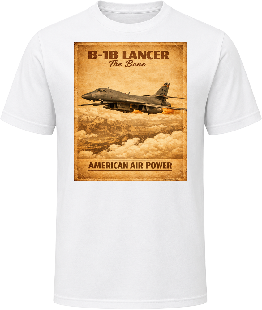 B-1B Lancer The Bone American Air Power vintage distressed graphic T-shirt in white by Smiling Wombat