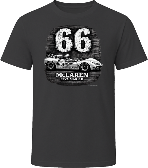 1966 McLaren Elva Mark II Road America 500 vintage racing graphic t-shirt in black