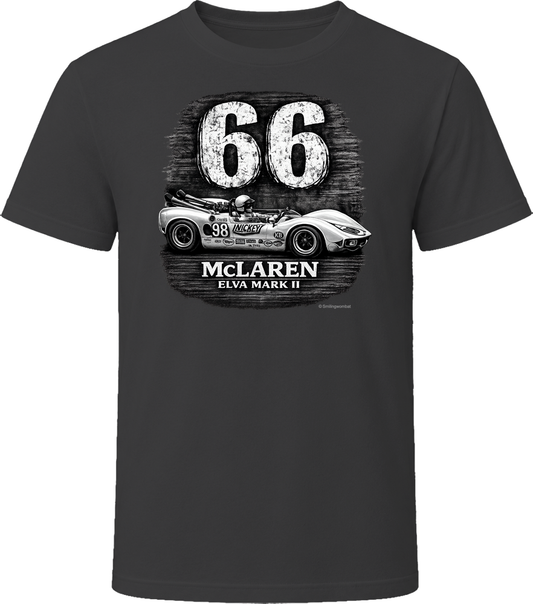 1966 McLaren Elva Mark II Road America 500 vintage racing graphic t-shirt in black