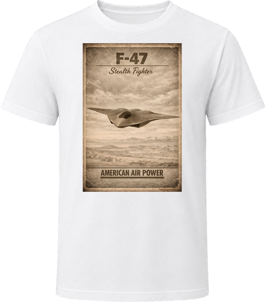 F-47 Stealth Fighter American Air Power white t-shirt distressed vintage design