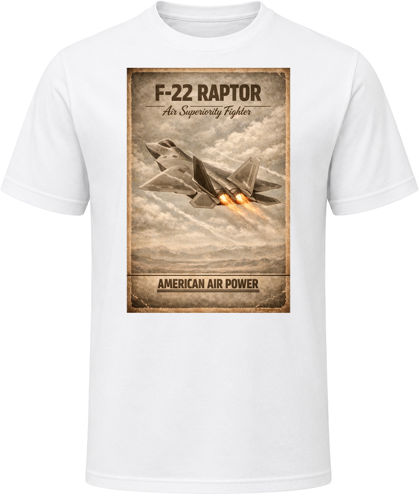 F-22 Raptor American Air Power white t-shirt with distressed vintage military aviation graphic by Smiling Wombat